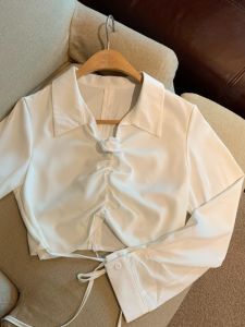 GUZILIAN | French Elegant V-Neck Shirt Womens Autumn New Style Pleated Waist Cinched Beautiful Small Shirt Three-Dimensional Flower Pattern