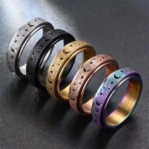 Frosted Stainless Steel Moon And Star Fidget Rings For Women Men Anti Stress And Anxiety Rotating Ring Metal Spinner Ring