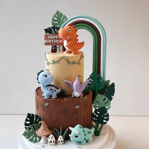 จูราสสิไดโนเสาร์เค้กท็อปเปอร์ ป้ายสายรุ้งสีเขียวและตุ๊กตาไดโนเสาร์สําหรับวันเกิดธีมป่า การเปิดเผยเพศ & อาบน้ําเด็ก