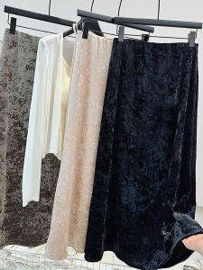 กระโปรงยาวคลุมสะโพกผ้ากำมะหยี่พิมพ์ลายดอกไม้สำหรับผู้หญิง ฤดูใบไม้ผลิและฤดูใบไม้ร่วง กระโปรงทรงเอเอวสูง ทรงเข้ารูป ทรงเข้ารูป