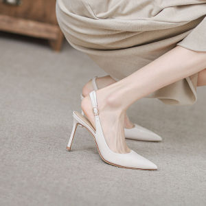 Womens Spring Summer New Pointed Toe Sandals Slip-On High Heels Minimalist White Strap Buckle Closure Rubber Outsole Shoes