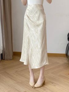 High Waist Slimming Fish Tail Skirt Satin Acetate Slit Chinese Style Womens Summer Half Skirt Commute Style No Lining