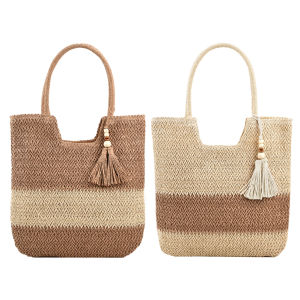 [Jocestyle] Summer Hand-Woven Handbags Contrast Color with Tassels Weaving Underarm Bag Large-Capacity Handmade Fashion for Seaside Holiday