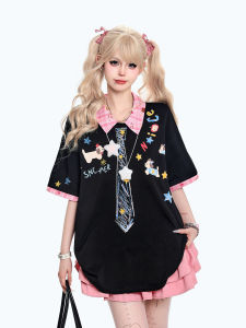 Retro American Cute College Style Cartoon Print Polo Neck Short Sleeve T-Shirt Women Summer Loose Slimming Top Casual Cotton