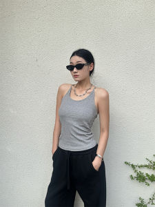 Áo Ba Lỗ Không Tay Màu Xám Che Mỡ Bụng Cho Nữ Mùa Hè Ngoài Trời Có Đệm Ngực Ôm Vừa Vặn Cổ Treo