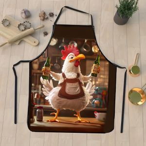 Funny Chicken Chef Beer Print Apron Waterproof Animal Theme Kitchen Cooking Bib for Men Women Household Grilling Cover
