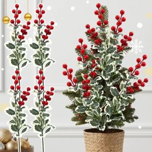 5PCS Christmas Red Berry Branches 45cm Artificial Flowers Holly Leaves Branches DIY Garland Christmas Tree Decorations 2024 New Year Party Home Decoration Supplies