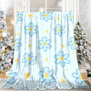 Beast Kingdom | Light Blue Daisy Stripe Star Flannel Blanket Soft Fuzzy Plush Cozy Warm Throw for Sofa Bed Couch Home Decor
