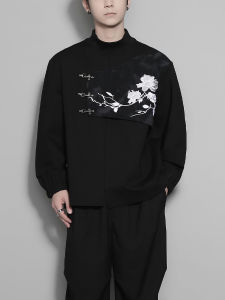 Original Mens Autumn Winter High Neck Sweatshirt Floral Embroidery 3D Patchwork Design Trendy Cotton Blend Fabric Straight Cut