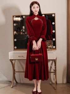 Elegant Long Sleeve Velvet Qipao Dress Wedding Engagement Party Wear Pearl Embellished A-Line Skirt Midi Dress for Women