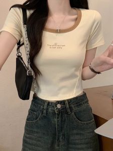 Áo Thun Nữ Tay Ngắn in Chữ Thời Trang Mùa Hè Dáng Ôm Cổ Màu Tương Phản Đa Năng Cổ Tròn Ngắn Chất Liệu Khác Phong Cách Công Sở