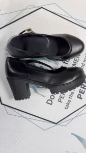 Black leather shoes women waterproof platform thick heel with round toe non-slip work shoes