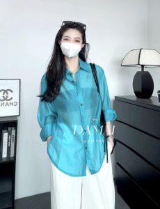 เสื้อเชิ้ตผู้หญิงบางๆ ทรงหลวมๆ สำหรับฤดูร้อน ผ้าฝ้ายลินิน สีน้ำทะเล เสื้อคาร์ดิแกนแขนยาวแบบเปิดหน้า สไตล์ลำลอง เสื้อผ้ากันแดด