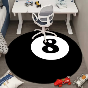 VIKAMA Billiard 8 Ball Round Rug Black White Number Print Anti Slip Floor Carpet For Kids Bedroom Game Room Desk Decor