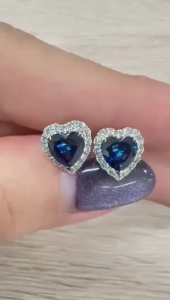TDG 10K White Gold Lab-Grown Blue Sapphire Heart-Cut Diamond Stud Earrings