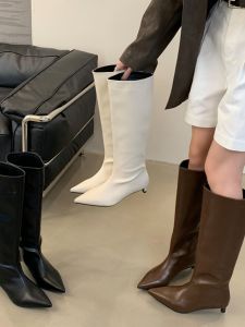 Giày Bốt Cao Thời Trang Mũi Nhọn Đơn Giản Màu Trơn Cao Gót Đi Làm Đa Năng Bốt Dài Bằng Da Tổng Hợp Mùa Thu