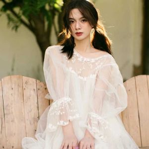 เรียบหรู งานแต่งงานสไตล์เจ้าหญิง เดรส เสื้อคลุมเช้าสําหรับผู้หญิงสูง เอว นางฟ้าแขนยาว กระโปรง เหมาะสําหรับการสวมใส่ในชีวิตประจําวันและน้องสาว เดรส