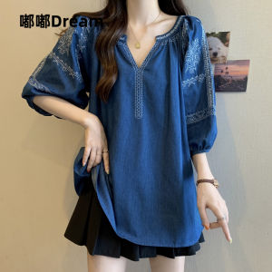 Summer Thin Short Sleeve Denim Shirt Womens Handmade Embroidery Large Size Top Sweet Style Half Open Collar T-shirt Polyester Fiber