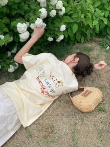 NIHAOKANONG | Áo Thun Dệt Thêu Hình Hoạt Hình Rộng 100% Cotton Cổ Tròn