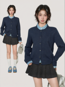 False Two-Piece Check Plaid Stand Collar Long Sleeve Knit Cardigan