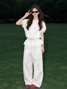 LIRUSHAN | Stylish Casual White Short Sleeve Top and Wide Leg Pants Set for Women