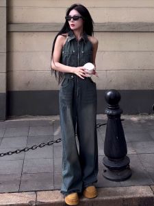 Mỹ Retro Hở Vai Denim Jumpsuit Đồ Bay Nữ Cao Vòng Eo Thon Gọn Ống Rộng 1 Mảnh Quần Dài Phong Cách Mới Mùa Hè