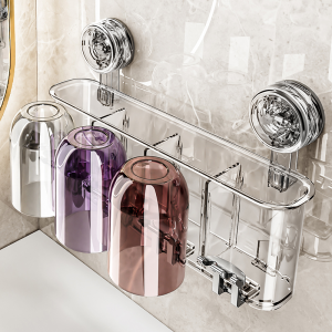 No-Drill Suction Cup Toothbrush Holder Bathroom Organizer Wall Mounted Toothpaste Cup Rack Nordic Style Storage Shelf