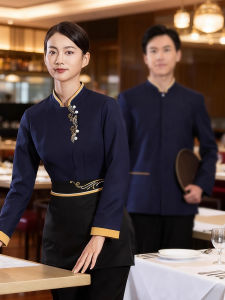 Long Sleeve Chinese Style Restaurant Service Uniform Womens Workwear Hotel Catering Polyester Cotton Blend YLG Dining Large Border