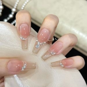 10PCS Blush False Nails with Cat Eye Tip and Rhinestone Decor Artificial Nails for Women Daily Wear Party Wedding