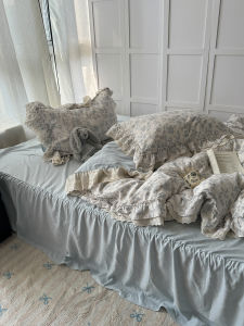 French Country Floral Double Layered Washed Cotton Bedding Set Dormitory Sheet Lace Trimmed Duvet Cover Skirt Style Bedding