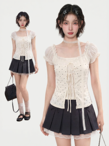 KBVVR | Polka Dot Illusion Layer T-Shirt Design Flattering Slim Fit With Halter Neck Bows Puff Sleeves