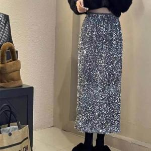 Sequins Back Slit Mid-Length Skirt