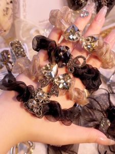 ยางรัดผมลายผีเสื้อประดับคริสตัลระดับไฮเอนด์สำหรับผู้หญิง ยางรัดผมทรงกลมยางยืดสูง ชุดสี่ชิ้น เครื่องประดับผมสไตล์เกาหลี