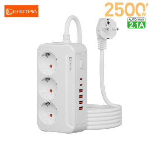 2500W EU Plug Multiprise AC Outlets Power Strip 1.8M Extension Cable Electrical Socket With USB Type C Network Filter Adapter