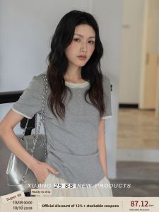 Casual Grey round Neck Short Sleeve T-Shirt Womens Summer New Fashion Pleated Top Stylish Casual Style Pure Color Fabric