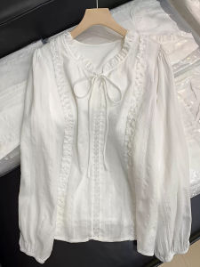 Korean Style Wooden Edge Lace Splice Long Sleeve White Shirt Women Loose Gentle Elegant Small Shirt Stand Collar Button down