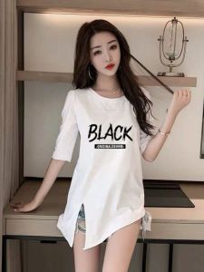 New Womens Casual T-Shirt Short Sleeve Asymmetrical Mid-Length Loose Slimming plus Size Summer Autumn Fashion Top