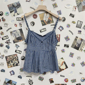 BM American Retro Three-Button Gingham Small Sling Vest Womens Outerwear BM Inner off-the-Shoulder Back Shoelace Tops