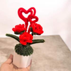 Handmade Valentines Day Decorations Red Heart Flower Pots Unique Craftsmanship Perfect for Home Office Mini Rose Pot with Heart Design Long Lasting No Maintenance Needed