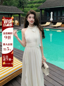 Elegant French Sweet Style Sleeveless Neck Hanging Dress Summer Slimming Fairy Long Dress Beautiful Soft Material High Waist