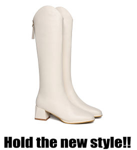 Genuine Leather Long Boots Womens Knee-high Autumn Winter New Zipper Back Female Knights Boots Thick Heel Soft Leather Shoes