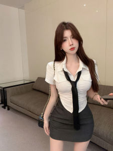 GUZILIAN | Korean Style Polo Neck Suit Set Short Sleeve Womens Fashionable Semi-Body Short Skirt And Blouse Two-Piece Summer Outfit