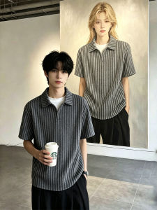 ZHUOCAN | Fishbone Patterned Faux Two-Piece Polo-Style Summer T-Shirt Short Sleeve