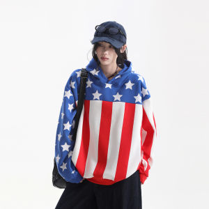 zuocisankon | American Vintage Stars Flag Color-blocking Loose Design Hoodie