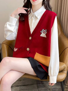 Womens Loose Knitted Vest 2025 Early Autumn Fashion Color Block Sweater V-Neck Single Button Closure Commute Style