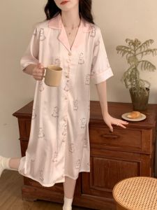 ชุดนอนผู้หญิงผ้าไหมน้ำแข็งแขนสั้นหลวมๆ บางๆ ฤดูร้อน ฤดูใบไม้ร่วง ฤดูใบไม้ผลิ ชุดนอนผู้หญิงไซส์ใหญ่ ชุดนอนผ้าไหมเทียม