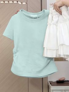 Pure Cotton Mint Green Short Sleeve Womens T-shirt Slim Fit Waist-Cut Summer New Style Fashionable Commute Korean Version