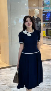 Đầm thiết kế BEMINE cổ tròn phối dây viền đính nơ dáng chữ A phù hợp đi làm-B179