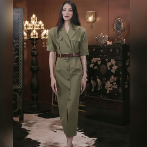 Vintage Aesthetic One-button Short Sleeve Mid-length Workwear Dress