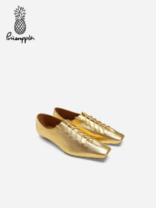 สับปะรด ผู้หญิง รองเท้า Golden Flat Bottom Derby Shoe หนัง สายคล้อง Square Head Fashion Ballet Shoe สบาย ลำลอง รองเท้าผ้าใบ